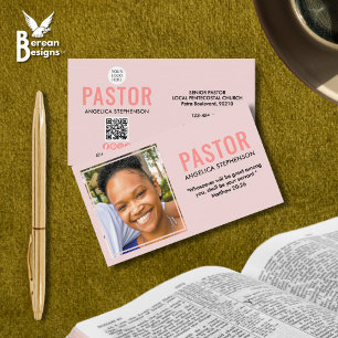 Tarjeta De Visita Logo QR Foto Moderno Rosa Rubor Pastor de la Igles