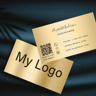 Tarjeta De Visita Logo rectangular de código QR negro dorado