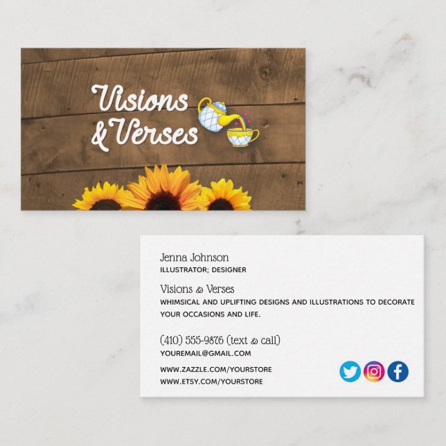 Tarjeta De Visita Logo Rustic Wood & Sunflowers Maker (Anverso / Reverso)