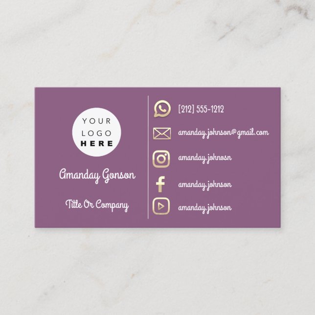 Tarjeta De Visita Logo Social Media Gold QR Code Gold Purple (Anverso)