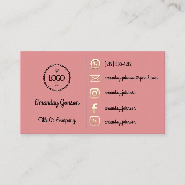 Tarjeta De Visita Logo Social Media Gold Rosa de oro QR Code (Anverso)