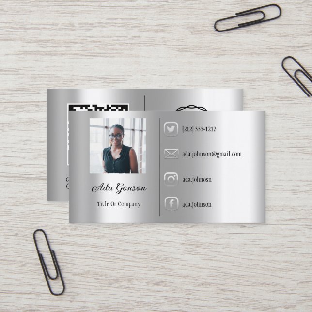 Tarjeta De Visita Logo Social Media QR Code Photo Silver Grey (Anverso/Reverso In Situ)