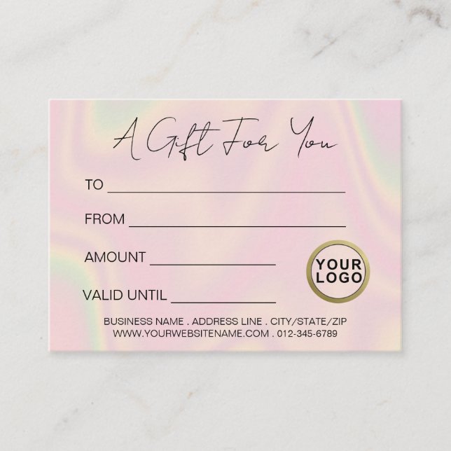 Tarjeta De Visita Logo Trendy Modern Holographic Gift Certificate (Anverso)
