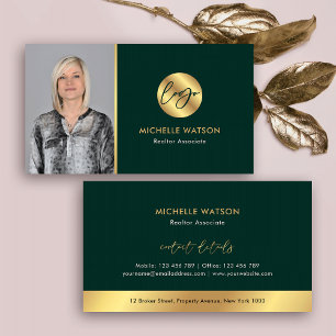 Tarjeta De Visita Logo Verde y Oro Elegante foto del Notario Inmobil