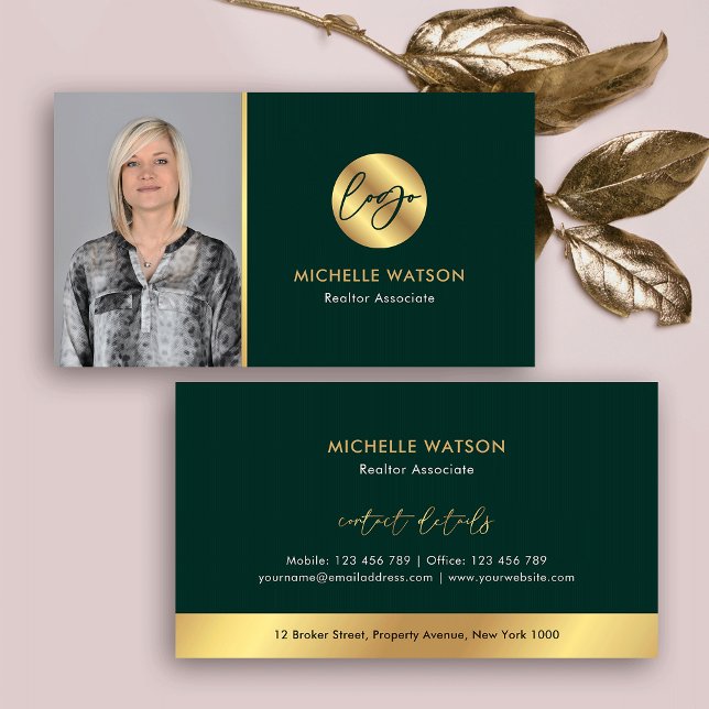 Tarjeta De Visita Logo Verde y Oro Elegante foto del Notario Inmobil (Elegant emerald green and gold effect business cards with photo and your logo)
