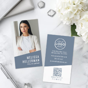 Tarjeta De Visita Logo Vertical de Código QR de Foto Moderno Azul