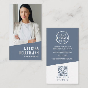 Tarjeta De Visita Logo Vertical de Código QR de Foto Moderno Azul