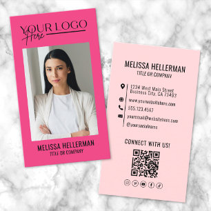 Tarjeta De Visita Logo Vertical de Foto Rosa de Código QR Profesiona