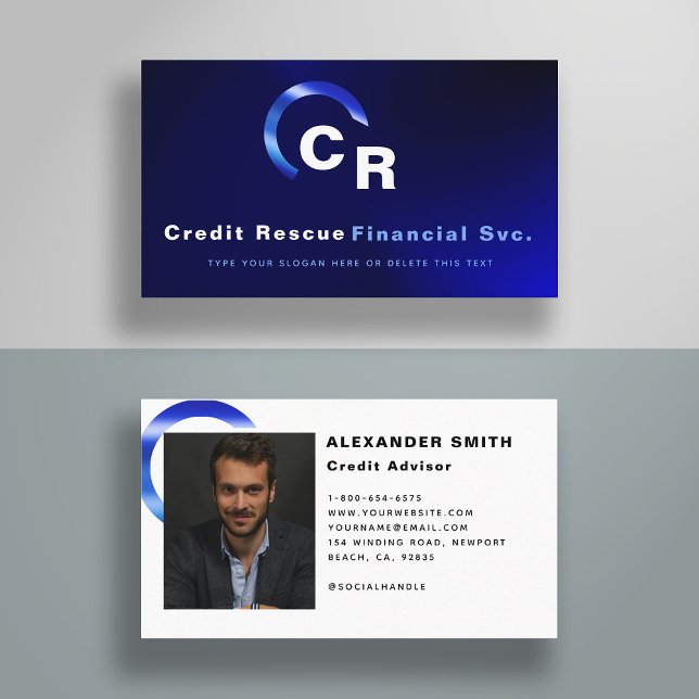 Tarjeta De Visita Logotipo azul moderno simple Foto profesional (finance business card financial services wealth management credit advisor modern simple classy blue)