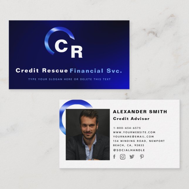 Tarjeta De Visita Logotipo azul moderno simple Foto profesional (Anverso / Reverso)