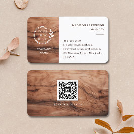 Tarjeta De Visita Logotipo blanco de madera Código QR Minimalista Ne
