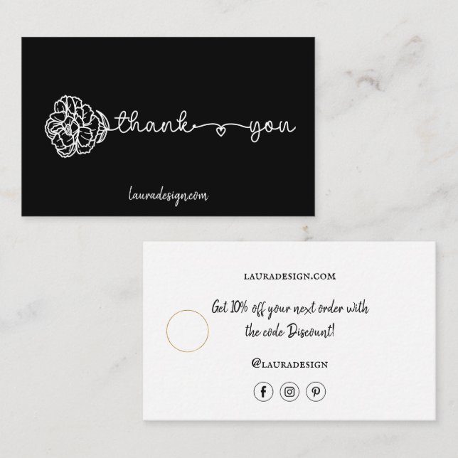 Tarjeta De Visita Logotipo botánico floral negro mínimo Gracias (Anverso / Reverso)