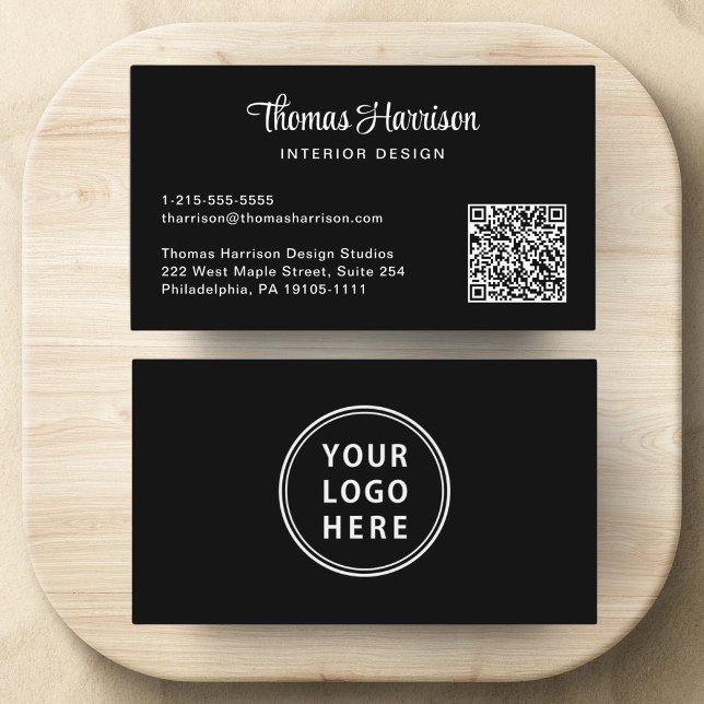Tarjeta De Visita Logotipo Código QR Estilo Script Profesional Negro (Capture attention, make connections, and leave a lasting impression with our modern QR business card)