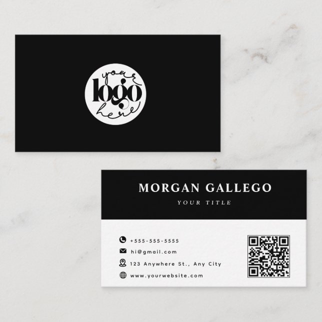 Tarjeta De Visita Logotipo comercial de código QR profesional negro (Anverso / Reverso)