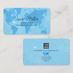 Tarjeta De Visita Logotipo de Agente de Viajes Mapa Mundial Azul Beb