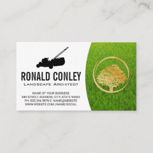 Tarjeta De Visita Logotipo de árbol dorado   Lawn Mower   Césped