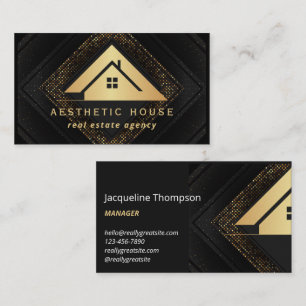Tarjeta De Visita Logotipo de casa Inmobiliaria Negro y Dorado Agent