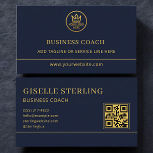 Tarjeta De Visita Logotipo de código QR azul dorado del entrenador d
