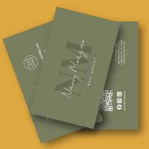 Tarjeta De Visita Logotipo de código QR de monograma verde oscuro de