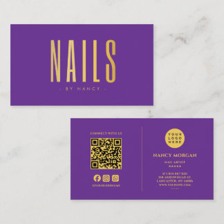 Tarjeta De Visita Logotipo de código QR de salón de uñas púrpura y d