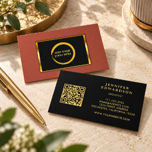 Tarjeta De Visita Logotipo de código QR de terracota de oro negro mo