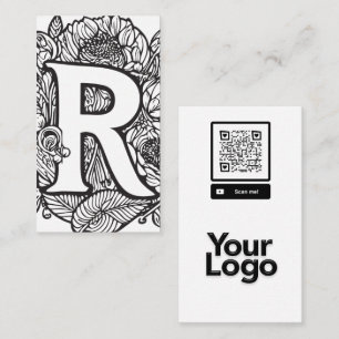 Tarjeta De Visita Logotipo de código QR floral blanco y negro monogr