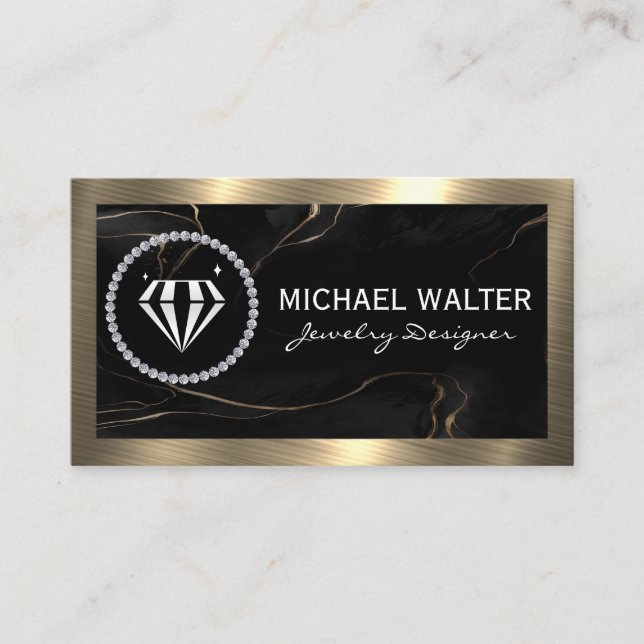 Tarjeta De Visita Logotipo de Diamante | Mármol negro | Metálico de  (Anverso)