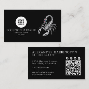 Tarjeta De Visita Logotipo de Escorpión Plateado Código Qr de Barber