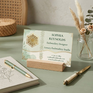 Tarjeta De Visita Logotipo de estudio de bordado verde sage con escr
