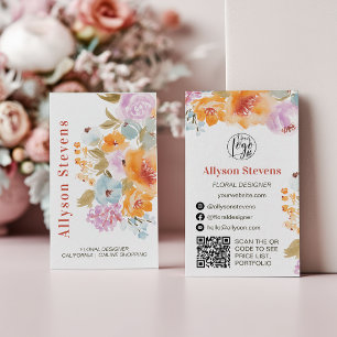 Tarjeta De Visita Logotipo de florista con flores acuarelas boho pin