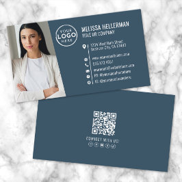 Tarjeta De Visita Logotipo de foto de código QR profesional azul mod