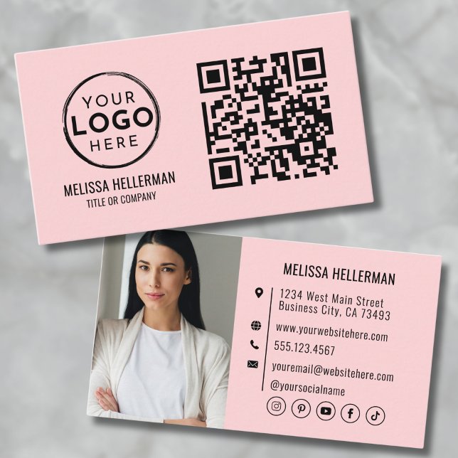 Tarjeta De Visita Logotipo de fotografía profesional moderna con cód (Blush Pink QR Code Modern Professional Photo Logo Business Card)