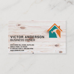 Tarjeta De Visita Logotipo de Hammer Home   Fondo de madera   Mano d