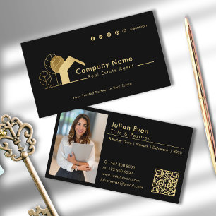 Tarjeta De Visita Logotipo de la casa moderna Foto de Black and Gold