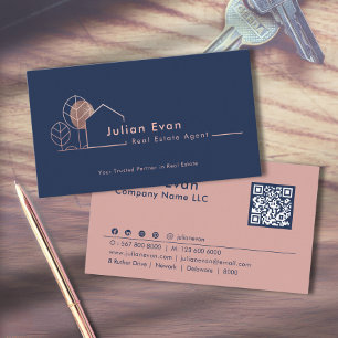 Tarjeta De Visita Logotipo de la casa moderna Navy Rosa azul Realtor