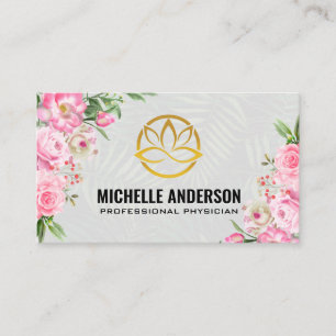 Tarjeta De Visita Logotipo de Loto Dorado   Flores rosas   Palm