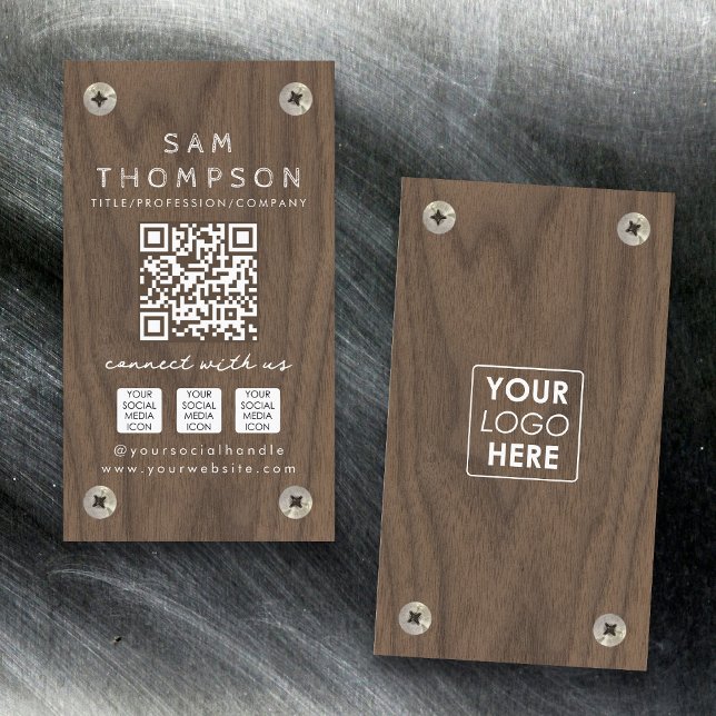 Tarjeta De Visita Logotipo de madera del carpintero de construcción  (Construction Carpenter Wood Logo QR Code Social Business Card)