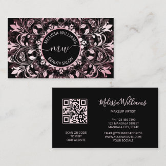 Tarjeta De Visita Logotipo de Mandala Metálico Brillante Rosa Negro