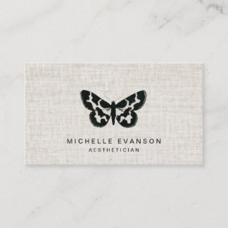 Tarjeta De Visita Logotipo de mariposa negra rústica en lino elegant