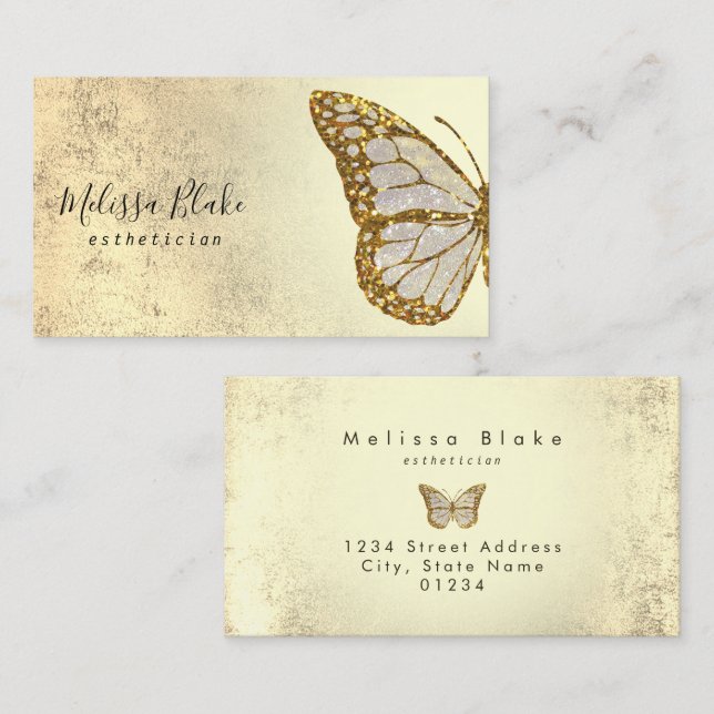 Tarjeta De Visita logotipo de mariposa purpurina de oro (Anverso / Reverso)