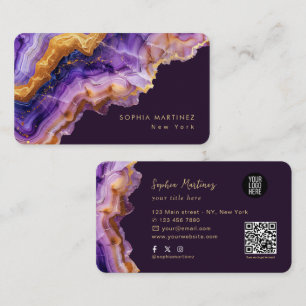 Tarjeta De Visita Logotipo de mármol dorado y código QR de ágata púr