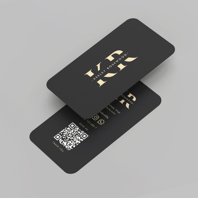 Tarjeta De Visita Logotipo de Monograma moderno Profesional del oro  (Modern Monogram Logo Black Gold Professional Elegant Initials K R QR Code Logo Business Card
)