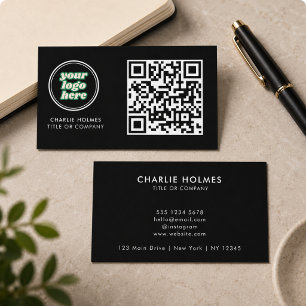 Tarjeta De Visita Logotipo de negocio con código QR Negro Moderno