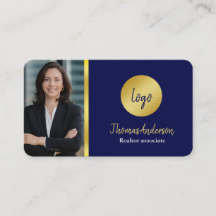 Tarjeta De Visita Logotipo de oro y azul marino Foto de agente de bi