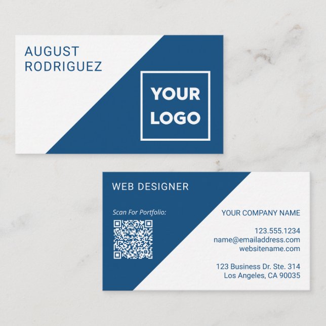 Tarjeta De Visita Logotipo de personalizado Código QR Azul Geométric (Anverso / Reverso)