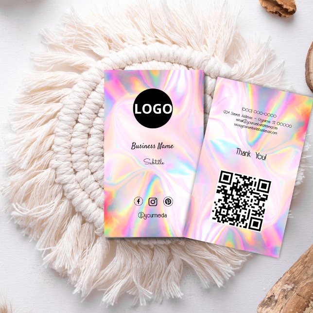 Tarjeta De Visita Logotipo de piedra ósea holográfica personalizado (elegant,modern,rainbow,holographic,mineral opal,business card,qr code,professional business)