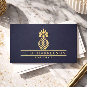 Tarjeta De Visita Logotipo de Piña Dorada Elegante sobre Azul Crepus