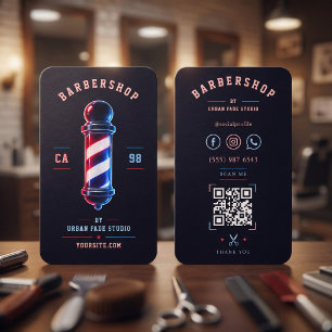 Tarjeta De Visita Logotipo de poste azul rojo brillante de barbería