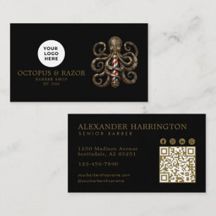 Tarjeta De Visita Logotipo de Pulpo de Bronce de Barbería Moderna co
