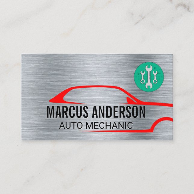 Tarjeta De Visita Logotipo de reparación automática | Fondo de acero (Anverso)